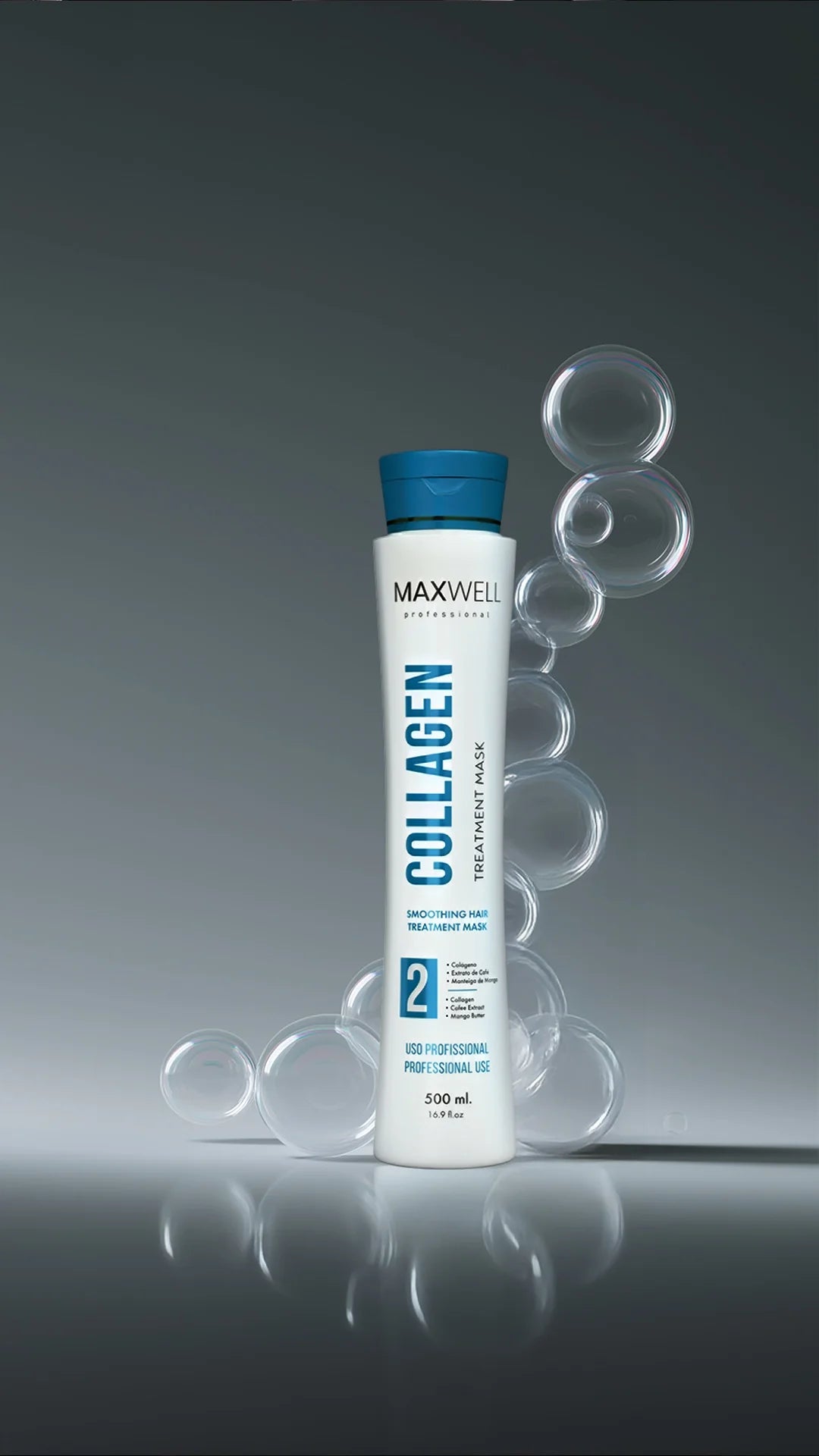 MAXWELL Collagen shampoo bottle with bubbles on a gray background, showcasing hydration and shine.