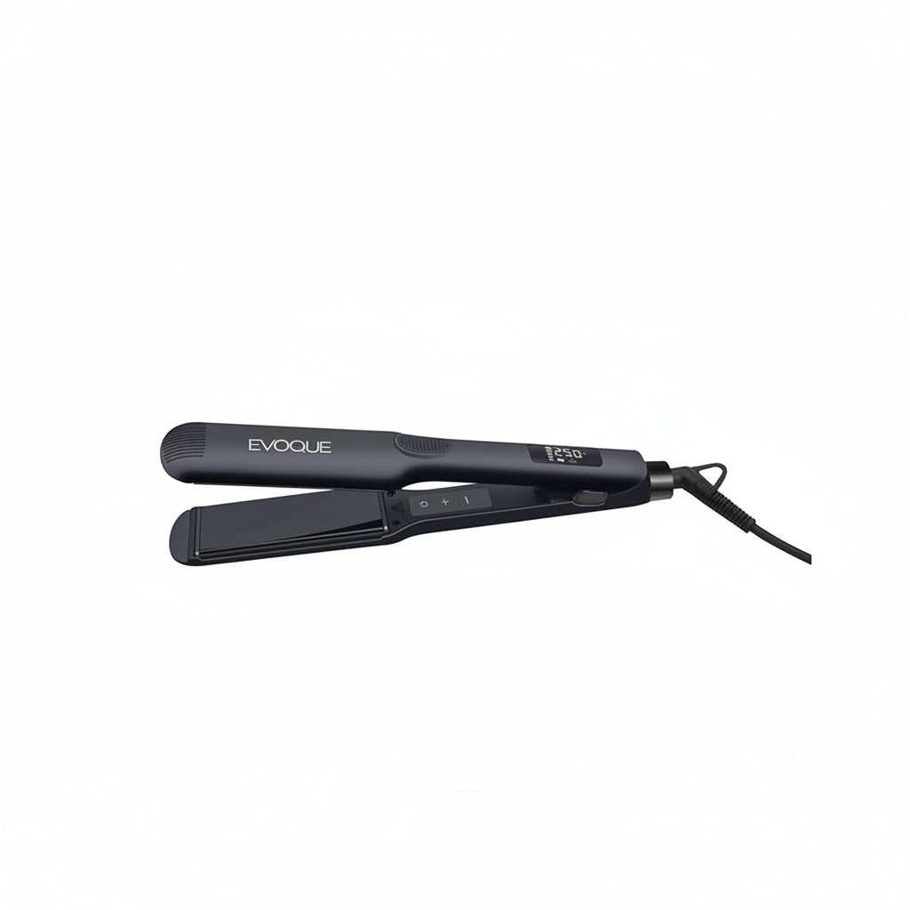 Black hair straightener with 'Evoque' branding on a white background