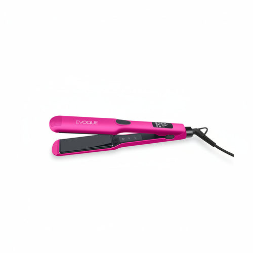 Pink hair straightener with digital display on a white background